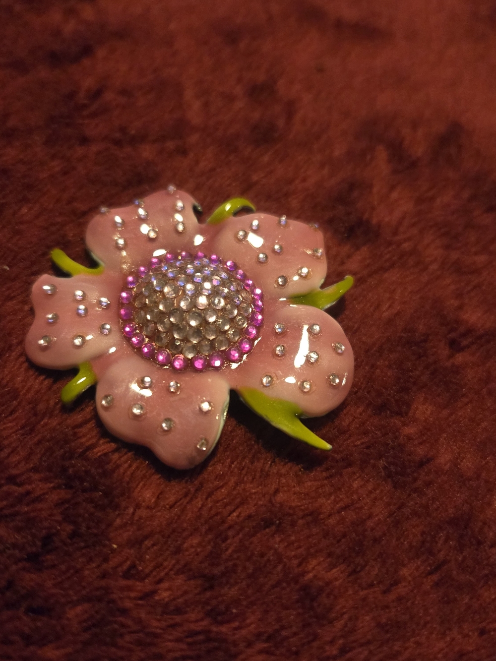 Vintage Pink Flower Brooch with Clear and Pink Rhinestones